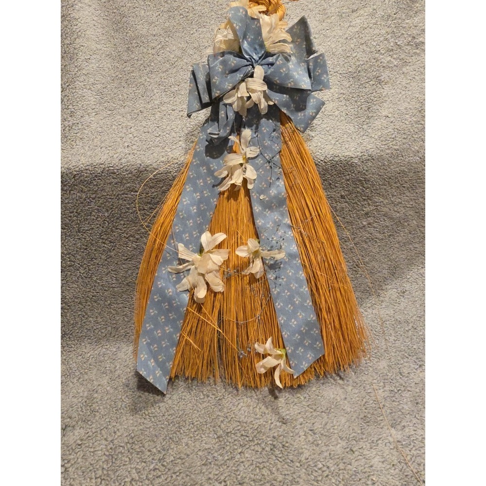 Vintage Broom Wall Hanging Cottage Blue Ribbon Flowers Grandma